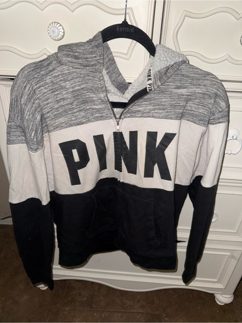 PINK Victoria's Secret Women’s Colorblock Zip Hoodie - Gray/White/Black